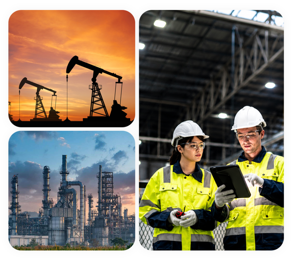 Engineers managing asset lifecycle with industrial equipment, oil and gas facilities, and digital asset inspection using mobile technology