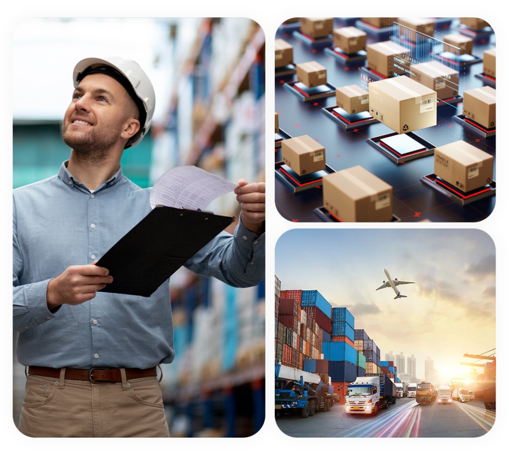 Supply chain professional managing warehouse inventory with AI-powered logistics, warehouse operations, and global transportation network.