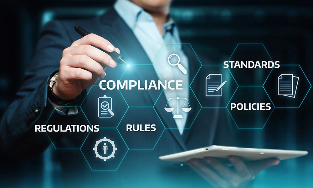 Business professional reviewing compliance standards, regulations, and policies, highlighting risks of regulatory non-compliance.