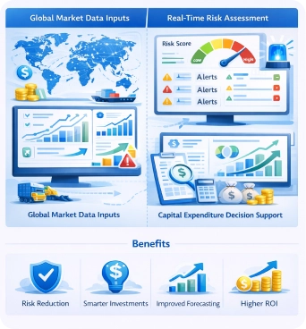 Supply chain risk dashboard showing real-time risk assessment, global market data, and AI-driven ROI for capital expenditure.