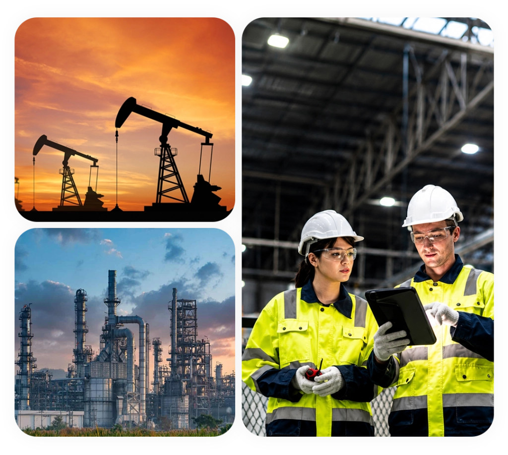 Engineers managing asset lifecycle with industrial equipment, oil and gas facilities, and digital asset inspection using mobile technology