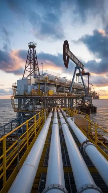 Offshore oil and gas platform with drilling equipment, pipelines, and industrial infrastructure at sea.