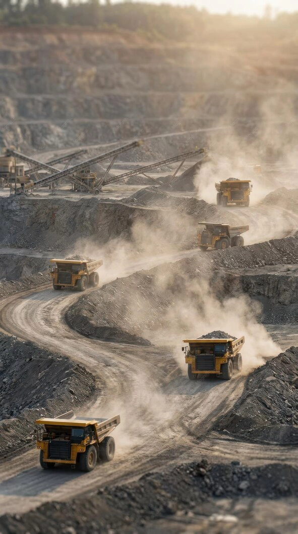 Mining and minerals operation with heavy-duty trucks and excavation equipment at an open-pit mine.