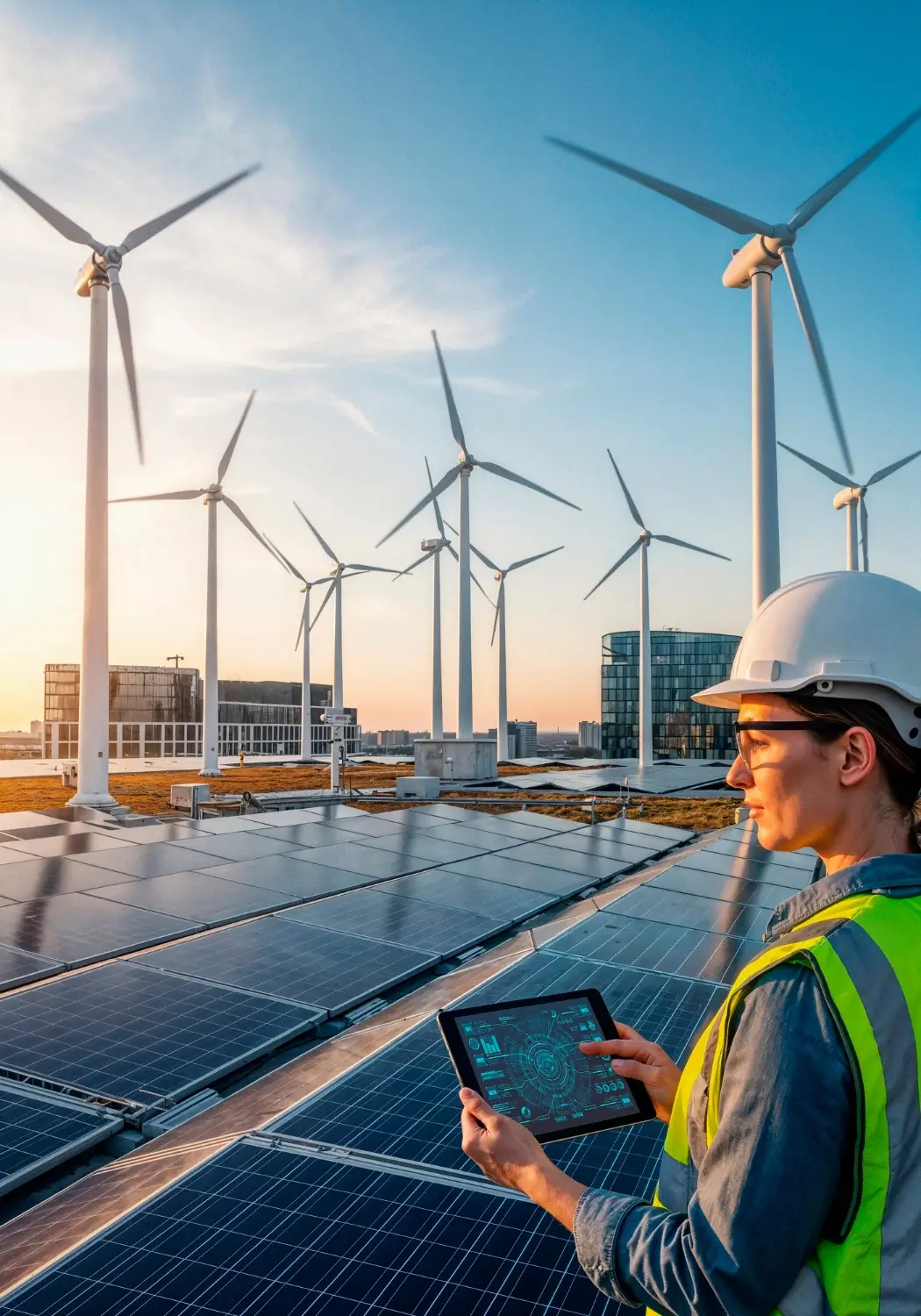 Renewable energy utilities with wind turbines, solar panels, and an engineer monitoring operations.