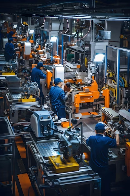 Modern manufacturing facility with workers operating industrial machinery and automated production equipment